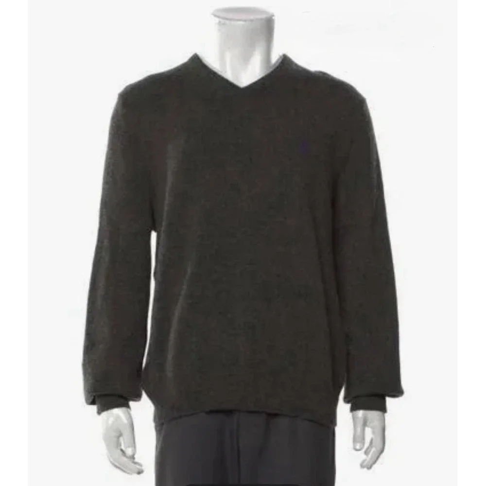 Polo Ralph Lauren Mens 2XL Grey V-Neck Cotton Knit Sweater Pony Logo Long Sleeve